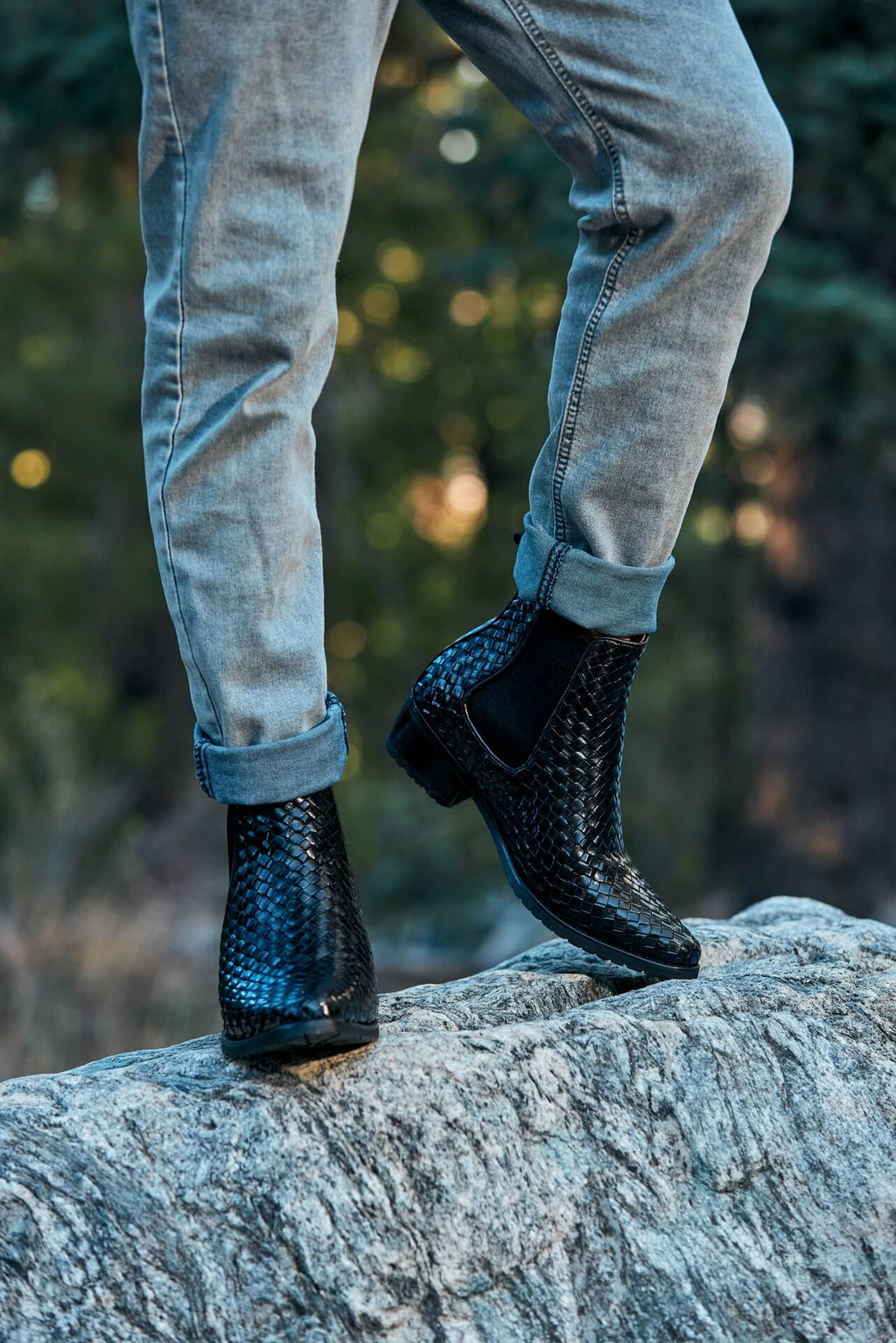 CALTO - K30521 - 3.3 Inches Taller (Black) - Woven Slip-On High-Top Chelsea Ankle Boots