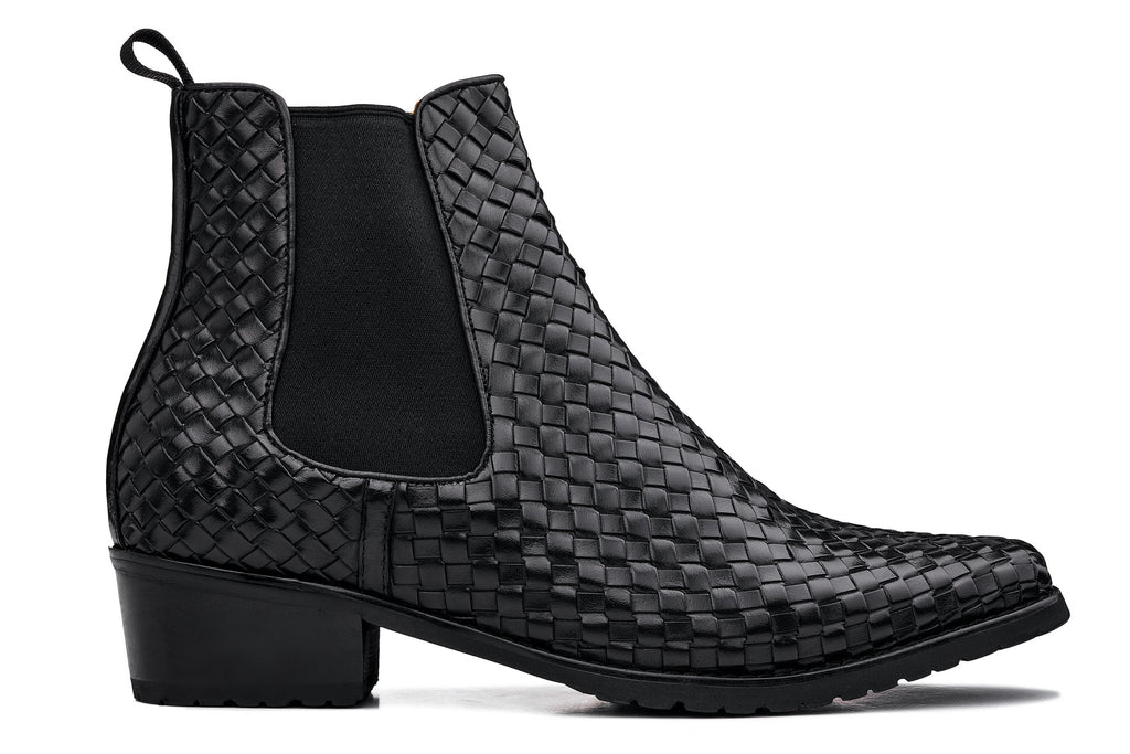 CALTO - K30521 - 3.3 Inches Taller (Black) - Woven Slip-On High-Top Chelsea Ankle Boots