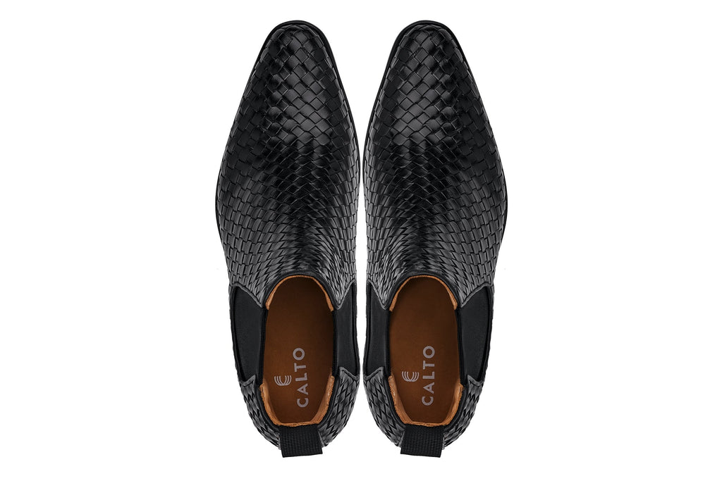 CALTO - K30521 - 3.3 Inches Taller (Black) - Woven Slip-On High-Top Chelsea Ankle Boots