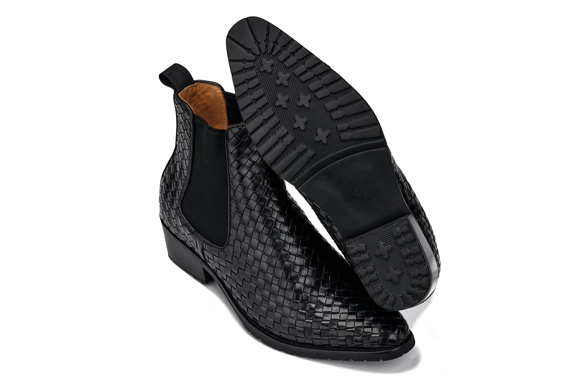 CALTO - K30521 - 3.3 Inches Taller (Black) - Woven Slip-On High-Top Chelsea Ankle Boots