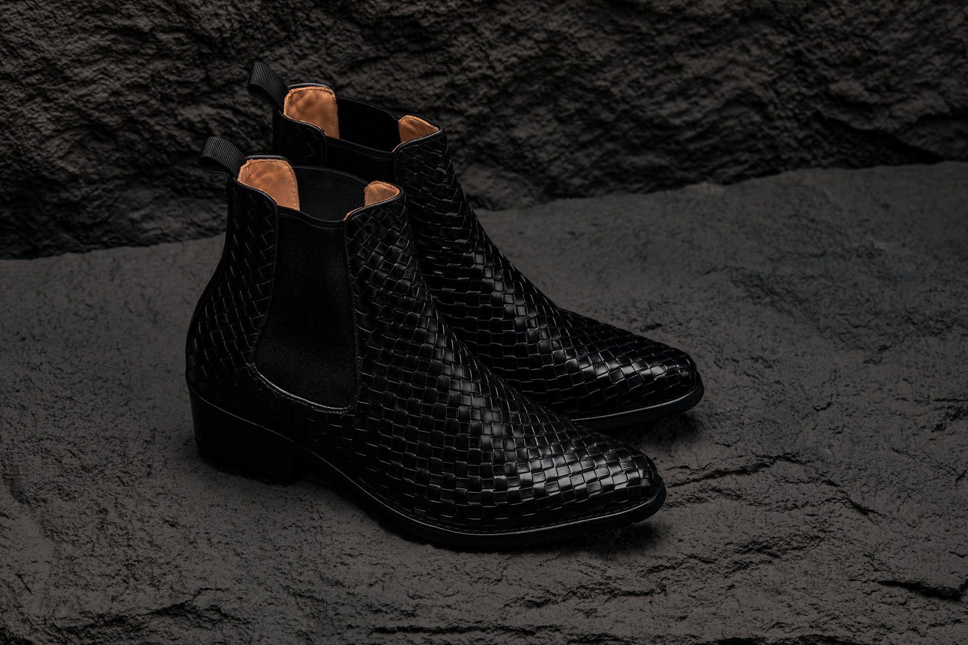 CALTO - K30521 - 3.3 Inches Taller (Black) - Woven Slip-On High-Top Chelsea Ankle Boots