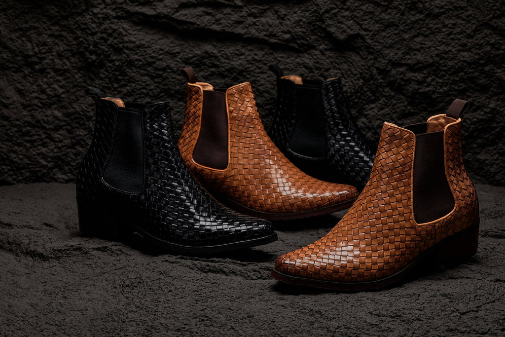 CALTO - K30521 - 3.3 Inches Taller (Black) - Woven Slip-On High-Top Chelsea Ankle Boots